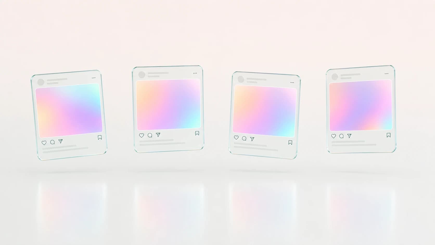 Four translucent Instagram-style post cards floating in a gently twisting horizontal row.