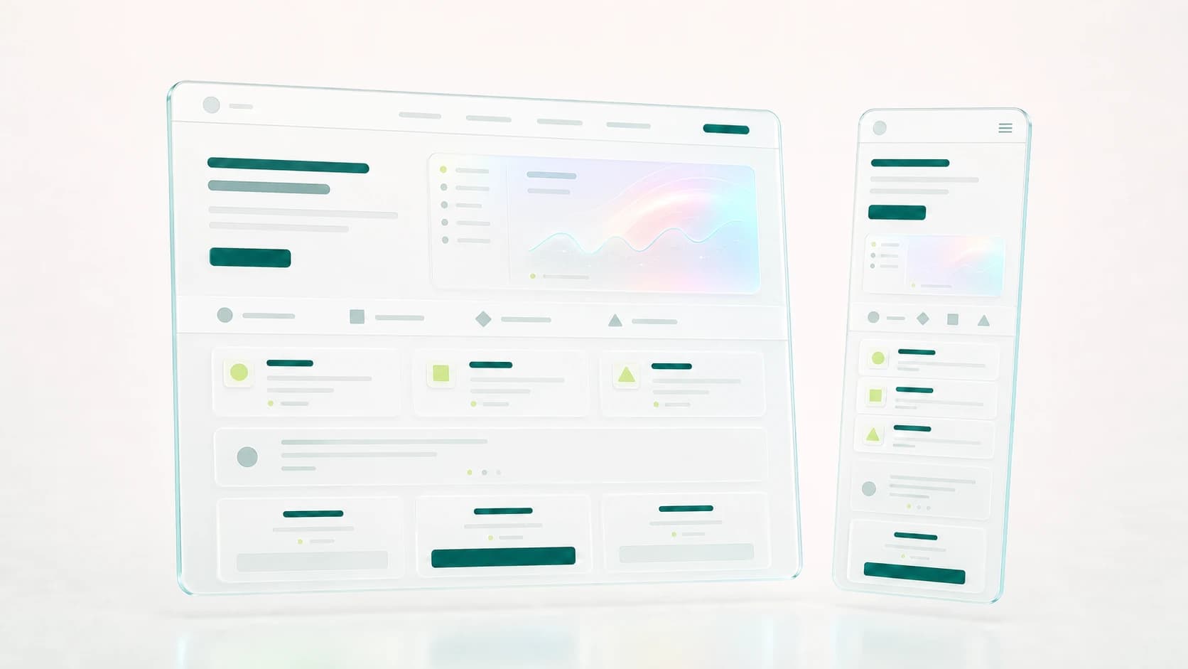 A floating responsive website shown as simplified translucent desktop and mobile page layouts.