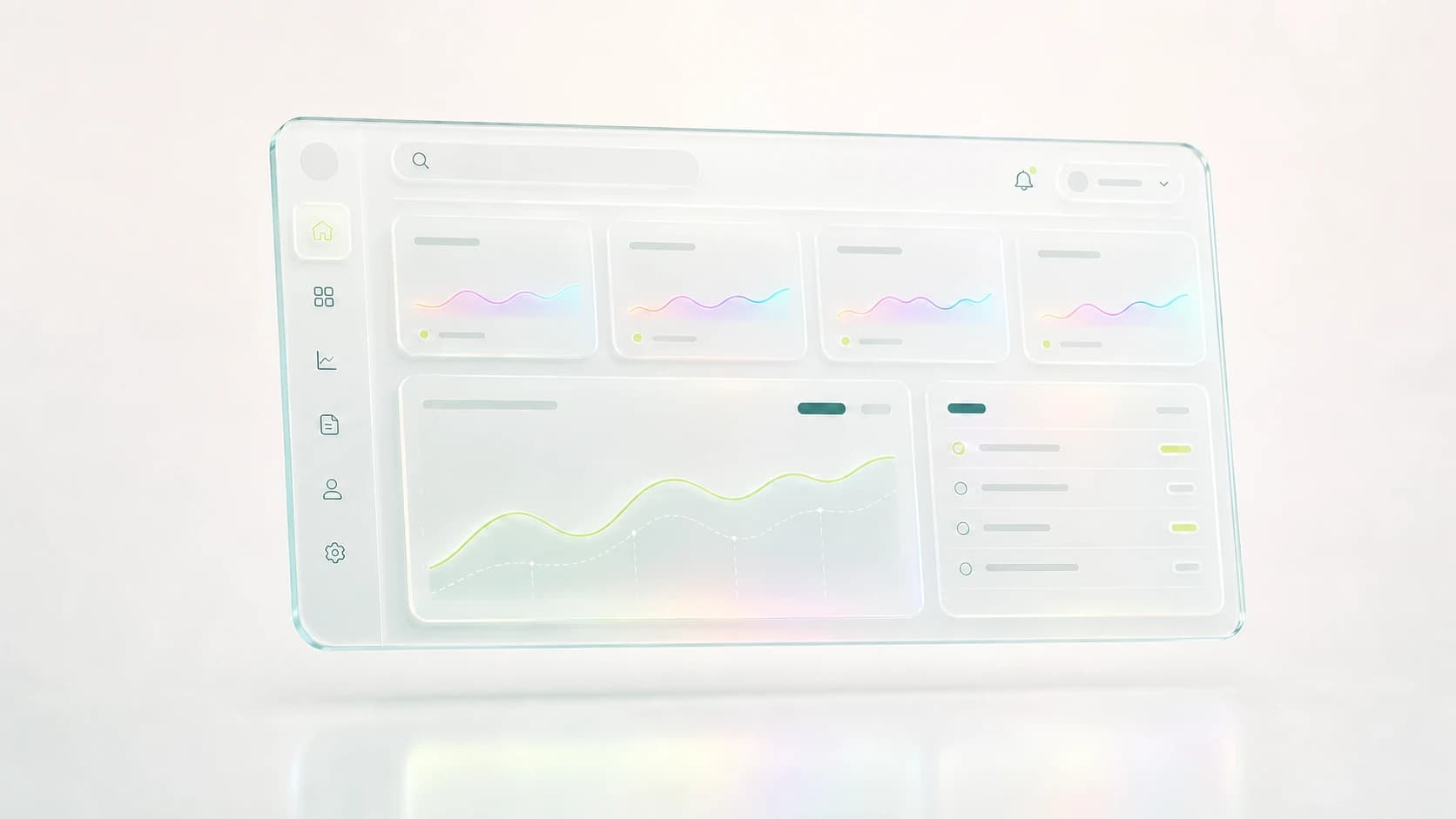 A floating translucent SaaS dashboard with navigation, metrics, chart, and task modules.