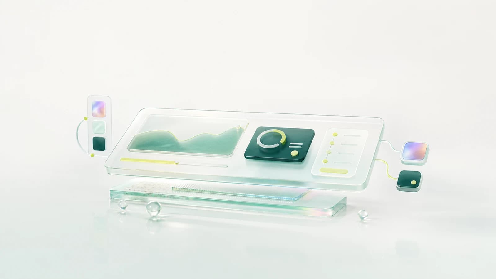 Abstract branded artwork showing layered translucent product dashboard panels.