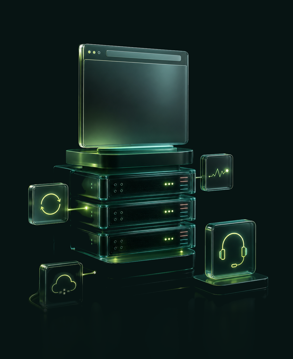 Abstract dark glass server stack with website support modules and a headset support icon.
